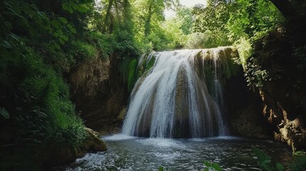 Fototapeta premium Serene Waterfall Cascading Through Lush Forest
