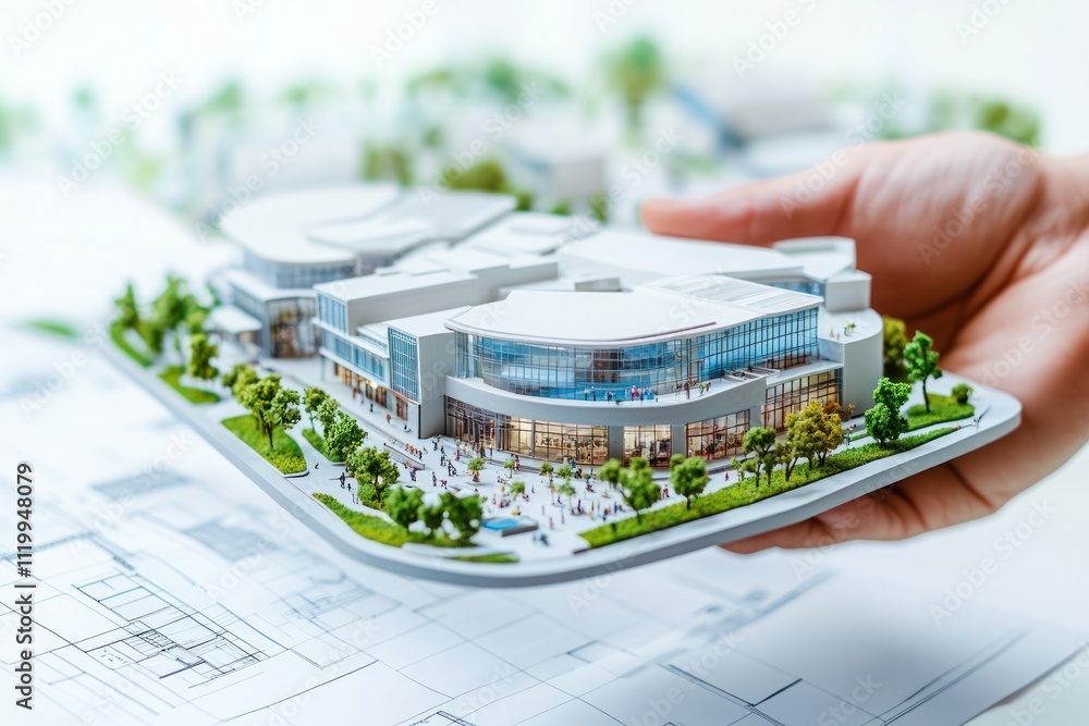 Poster a hand holds a detailed architectural model of a modern building with surrounding landscaping.
