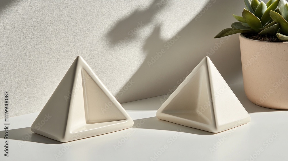 Aufkleber Two modern ceramic pyramid-shaped objects beside a potted succulent on a bright surface.