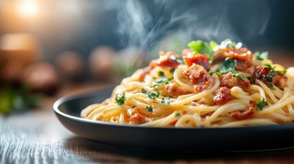 Fototapeta premium A serving of spaghetti Bolognese topped with fresh herbs is presented on a black plate, with steam rising, emphasizing culinary artistry and Italian cuisine.