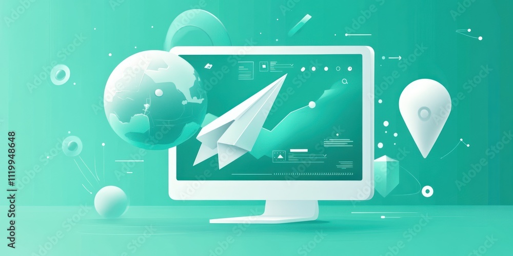 Poster a digital illustration featuring a computer screen with a paper airplane, globe, and abstract shapes