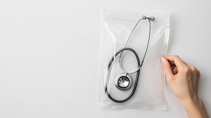 Hand holding a plastic bag with a stethoscope inside.