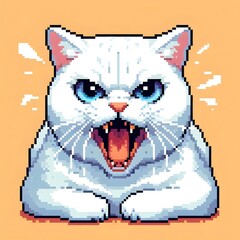 Brightly Colored Pixel Art Close-Up of a Hissing White Cat