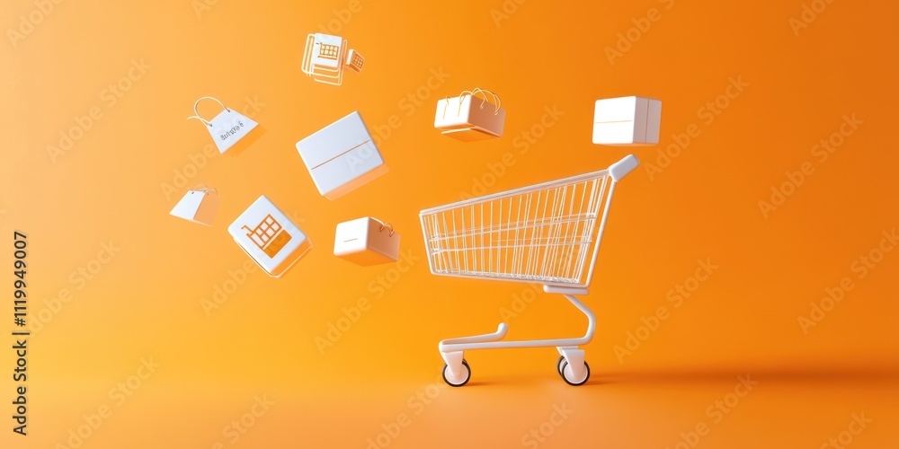 Poster a shopping cart surrounded by floating items on an orange background.