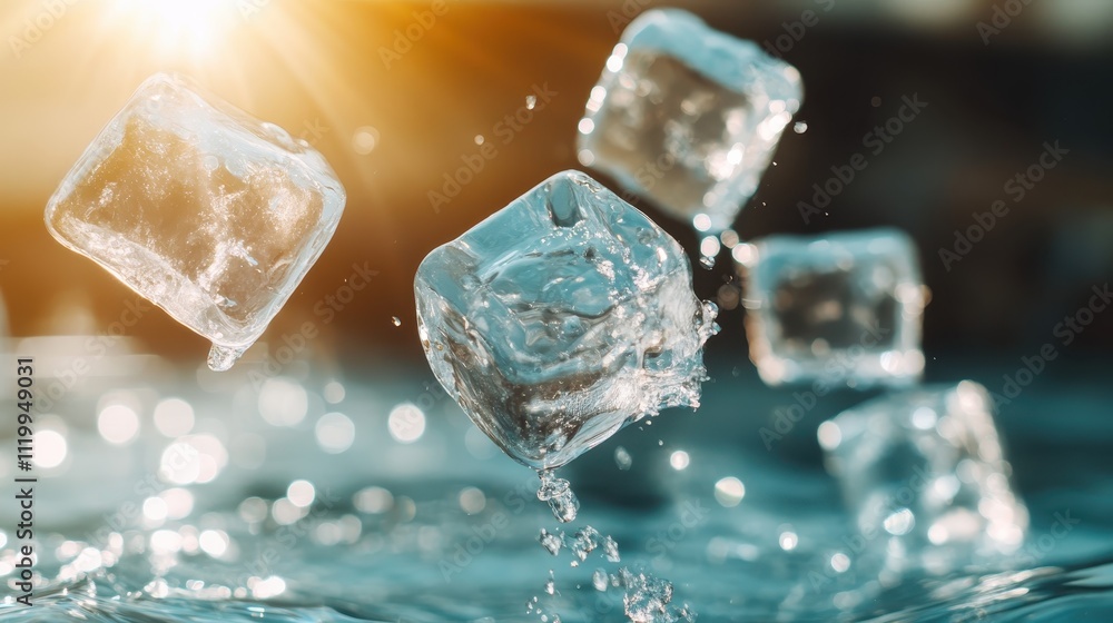Poster ice cubes captured floating and splashing in water, as sunlight beautifully reflects off the surface