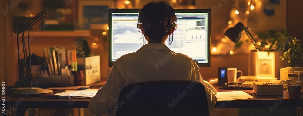 Aufkleber A focused individual working late at a desk with a computer and warm ambient lighting.