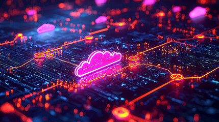 Obraz premium Dynamic cloud infrastructure with vibrant neon lights and circuits