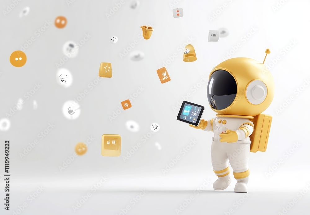 Aufkleber a cheerful astronaut character holds a tablet, surrounded by floating icons in a bright setting.