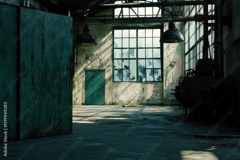 Aufkleber an abandoned industrial space with sunlight streaming through large windows.
