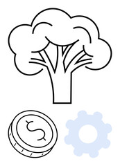 Tree illustration symbolizing nature, coin with dollar sign indicating finance, and gear representing technology. Ideal for sustainability, economy, industry, finance, ecology, growth innovation