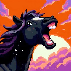 Close-Up Pixel Art of a Whinnying Black Horse in Vibrant Cartoon Style
