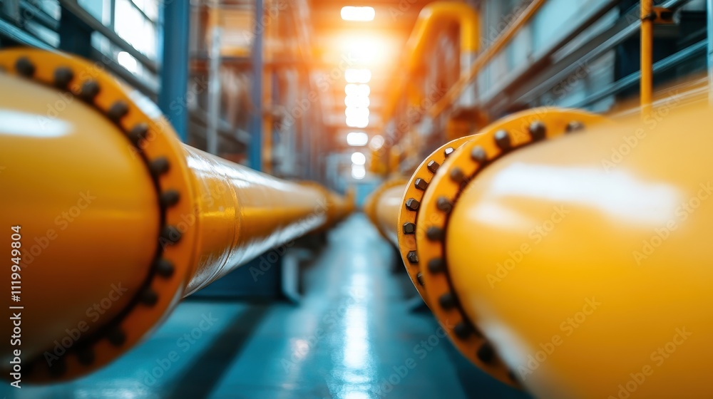 Poster yellow industrial pipes prominently displayed in a factory setting with sunlight streaming in, empha