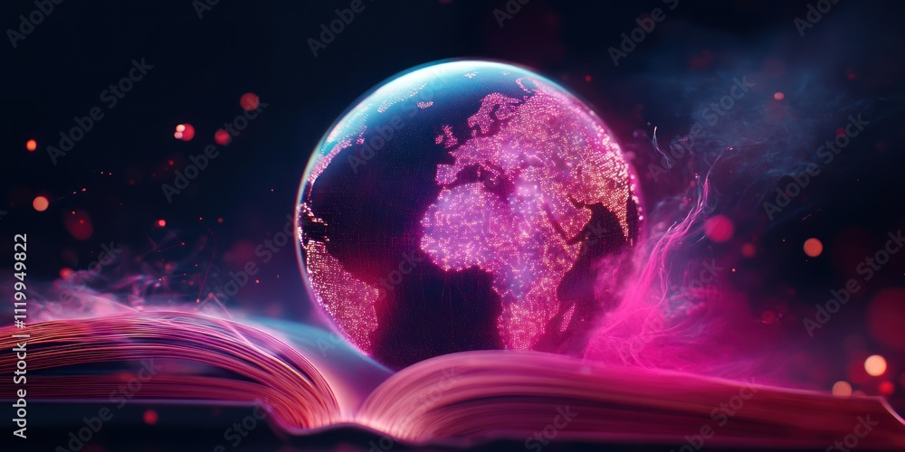 Poster A glowing globe emerging from an open book, symbolizing knowledge and global awareness.