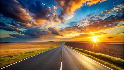 Naklejka premium Asphalt road disappearing into a vibrant sunset over a picturesque landscape of golden fields and dark tilled earth.