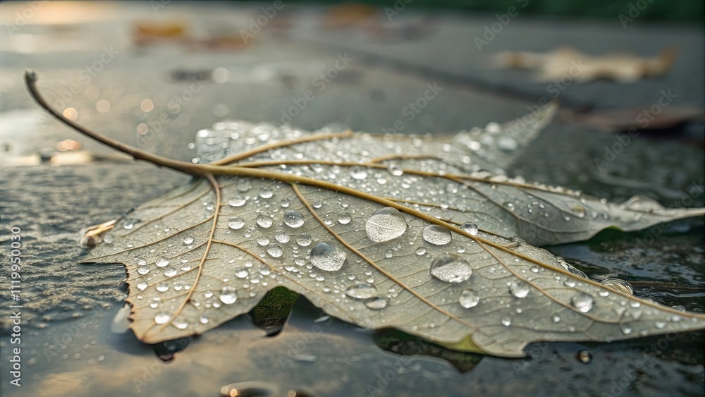 Poster a leaf with raindrops on it is on a wet surface