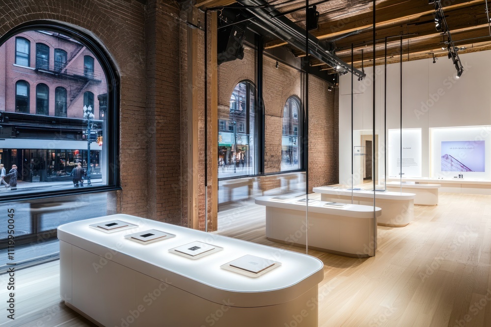 Poster modern retail space with display tables and large windows showcasing urban views.