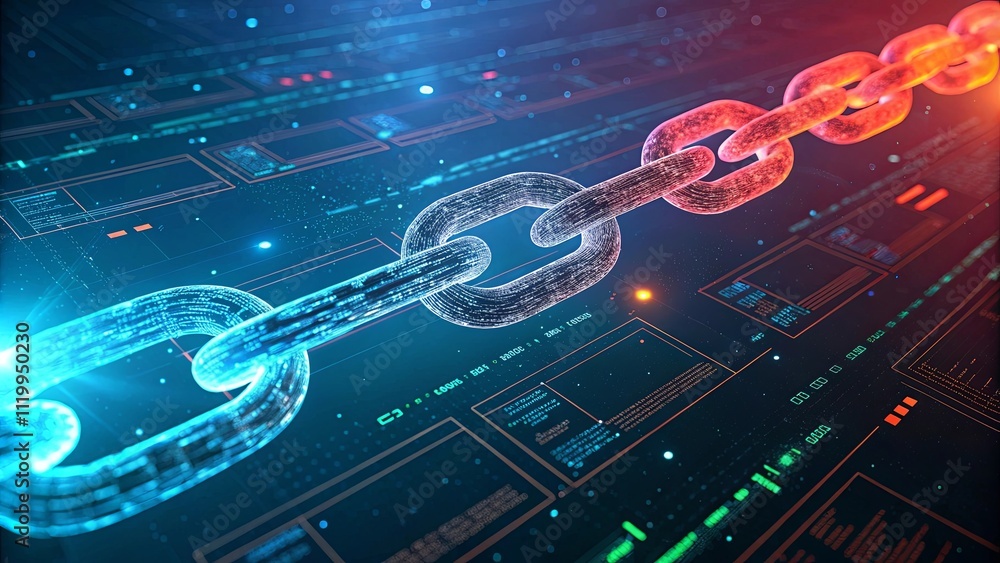 Poster a chain of links is shown in a colorful, abstract style