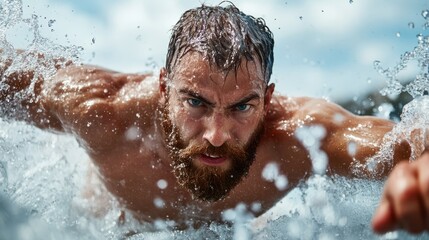 A bearded swimmer fiercely moves through the water, his face showing determination and intensity amidst dramatic splashes capturing the essence of competition.