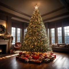 Large Christmas Tree with Presents in Luxurious Room