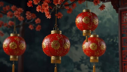 Obraz premium Red Chinese Lanterns Hanging From Blossoming Branches