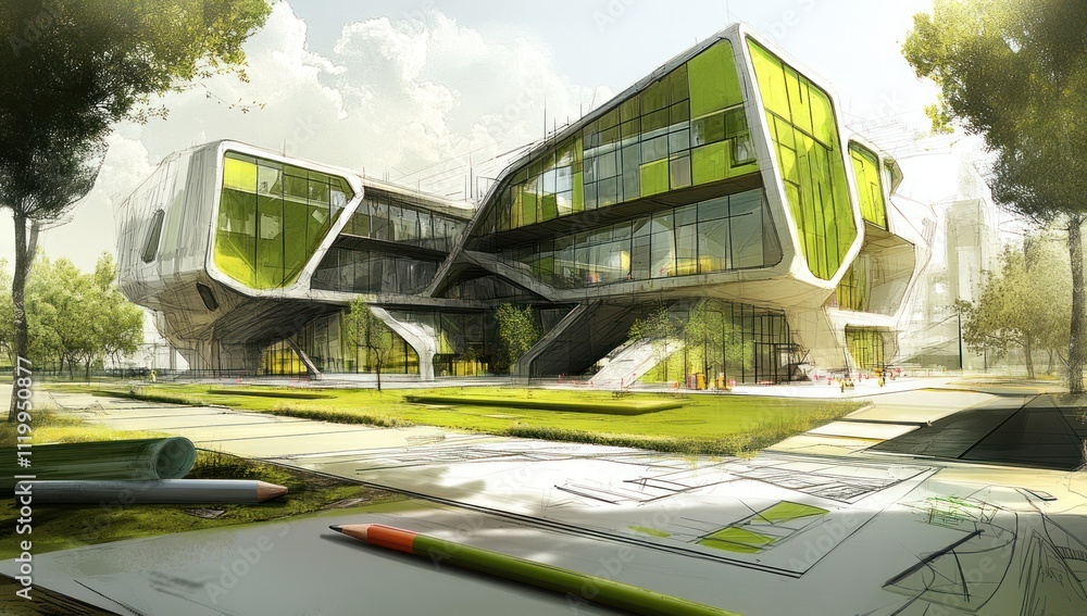 Aufkleber a modern architectural design showcasing an innovative building with green elements.
