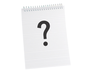 a spiral bound notebook with a question mark on it