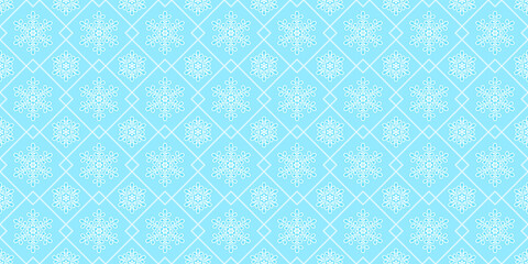 Fototapeta premium Blue and white background with squares and decorative different sizes snowflakes. New Year endless texture with winter ornament. Vector seamless pattern for Christmas design, wrapping paper, giftwrap