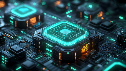 Glowing server nodes in secure cloud infrastructure, showcasing advanced technology and intricate designs