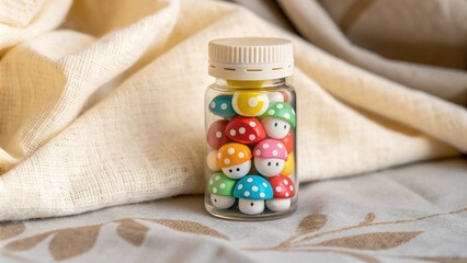 A lovely arrangement of colorful mushroom capsules in a compact bottle with a backdrop of soft vintage fabric.