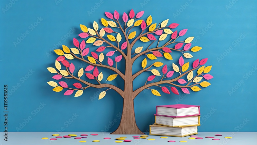 Poster a tree made of paper is on a blue background with books on the right side