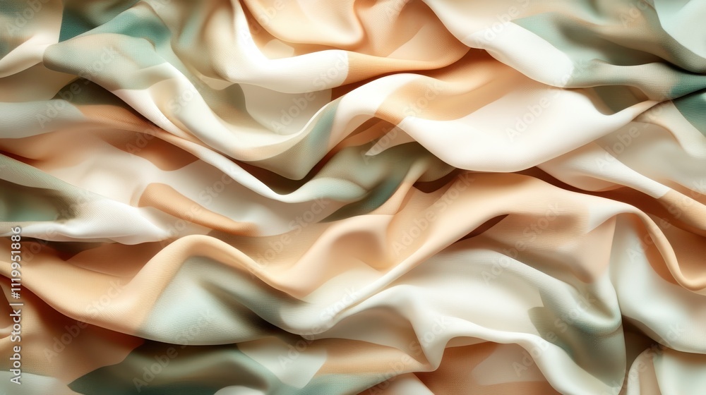 Poster an artistic display of abstract fabric folds in gentle pastel colors such as peach and mint, emphasi