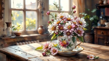 Fototapeta premium Delicate watercolor flowers in a vintage teacup on a worn wooden table, with soft morning sunlight peeking through the window