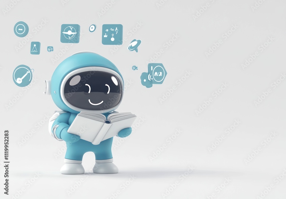 Poster a cute astronaut character reading a book with educational icons floating around.