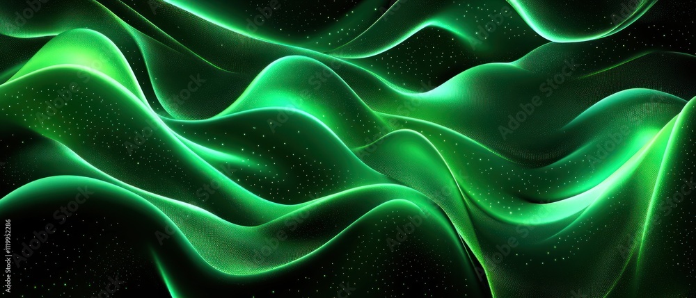 Poster abstract green waves with a smooth, flowing design, evoking a sense of motion and depth.