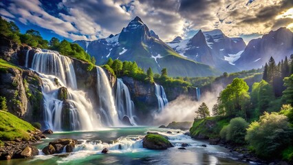 Fototapeta premium Majestic mountain waterfall in a lush green valley with a crystal clear river flowing through it