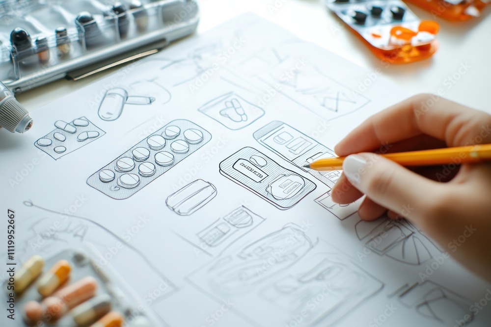 Poster a hand sketches various medication and pill designs on paper with colored pencils.