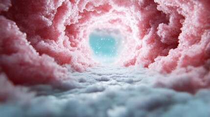 Fototapeta premium A dreamy tunnel made of pink clouds opens to reveal a blue sky with sparkling stars, creating a fantastical and serene passageway of hope and imagination.