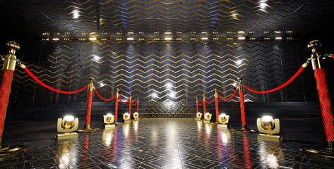 luxury hallway with red and gold barrieres leading to emty stage