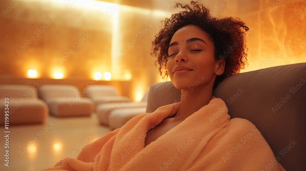 Poster a woman enjoys a moment of peace and relaxation in a cozy spa setting. she wears a soft robe and app