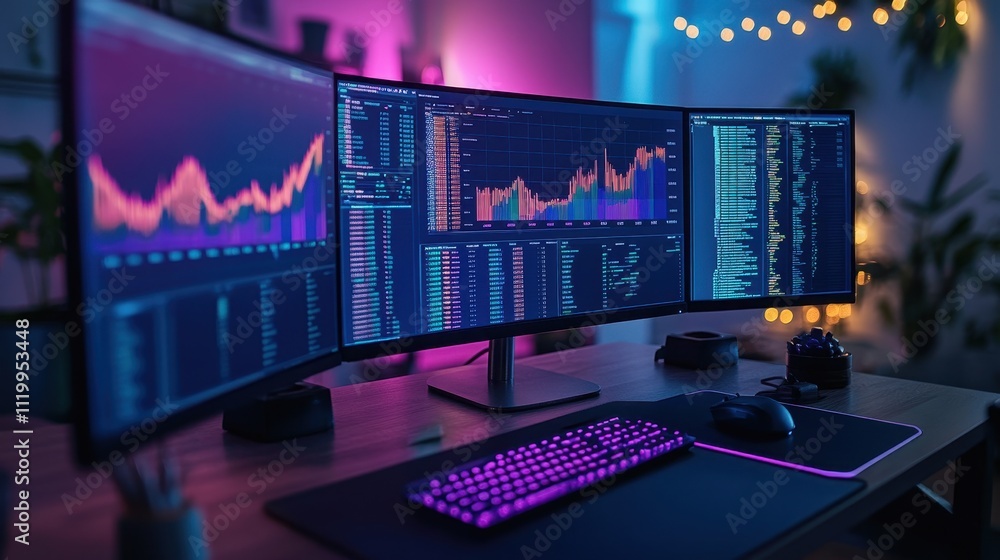 Poster a sleek, modern multi-monitor setup displays vibrant data visualizations in a stylish, illuminated w