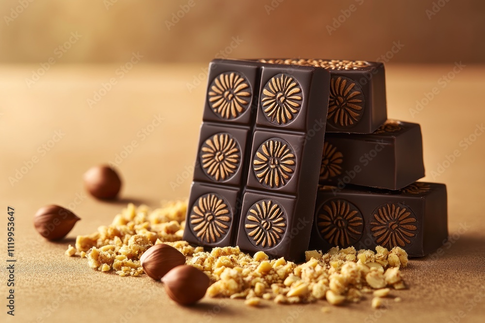 Poster a stack of chocolate bars with a textured design, surrounded by hazelnuts and crumbs.