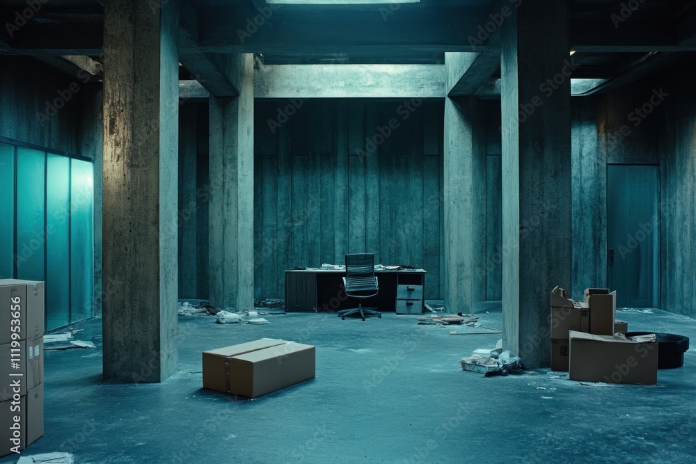 Poster a sparse, industrial office space with scattered boxes and a desk in a concrete environment.