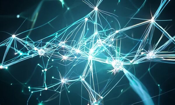An abstract visualization of neurons and synapses in motion, showing interconnected structures firing electrical impulses. The neurons are semi-transparent with glowing edges, set against a dark