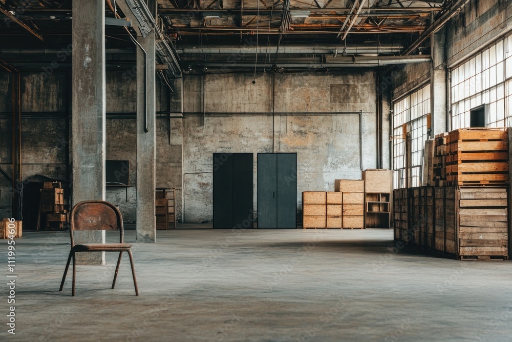 Poster an empty industrial space featuring a chair and wooden crates, evoking a sense of solitude.