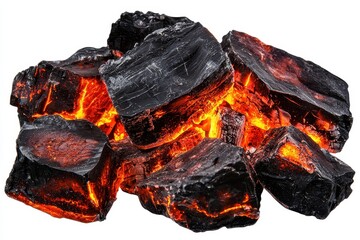 Glowing hot charcoal pieces radiating intense heat.