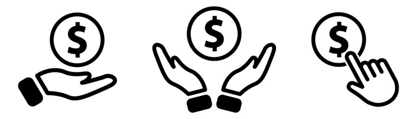 Money handling icons set. Save money, budget, Revenue, cash, Loan, dollar coins. Hands holding money symbols. Vector