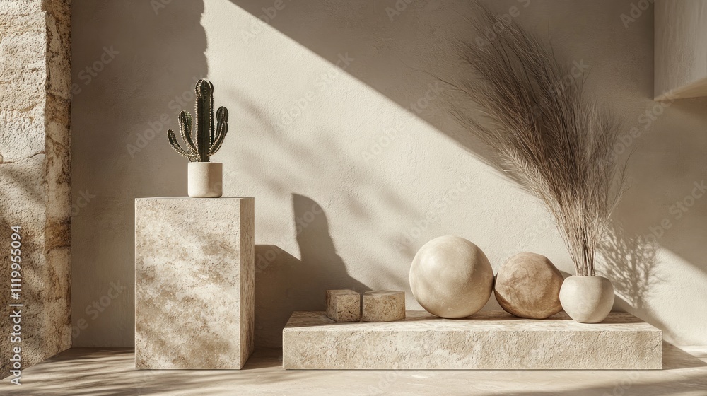 Aufkleber a serene display of natural elements and textures in a minimalist interior setting.
