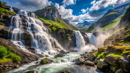 Obraz premium Majestic mountain waterfall in full force, surrounded by lush greenery and snow-capped peaks