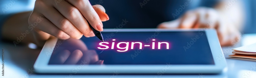 Poster A hand using a stylus to sign in on a tablet screen displaying the word 