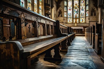Antique Wooden Church Pews with Stained Glass Windows in Cathedral